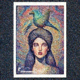 a painting of a woman with a bird on her head, poster art by android jones, behance contest winner, psychedelic art, psychedelic, fractalism, high detailed