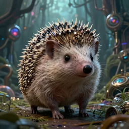 portrait of a cyborg hedgehog, on the background of a weird magical mechanical forest. Very detailed 8k. Fantasy cyberpunk horror. Sharp. Cinematic post-processing. Unreal engine. Nanite. Ray tracing. Parallax. Tessellation