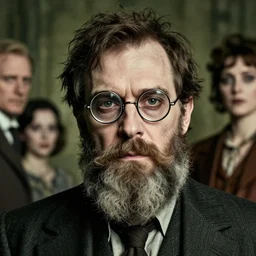 detailed portrait of bearded jemaine clement in circular wireframe glasses, cursed, 1 9 5 0's, scruffy man, magnificent, photographic realistic background, by james gilleard, by joe fenton, by kaethe butcher, trending on instagram, award winning details