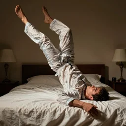 a man in pijama doing a belly flop on a bed