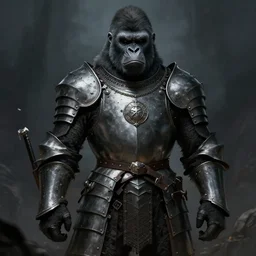 gorilla wearing medieval suit of armor, illustration, concept art, art by wlop, dark, moody, dramatic