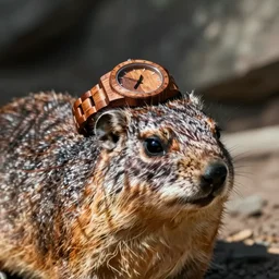 wooden wrist watch on the head of a hyrax realistic natural light