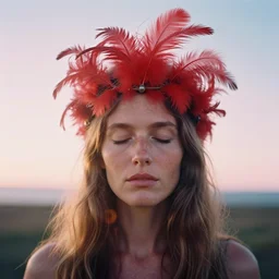 A analog head and shoulder frontal portrait photography of a freckled woman wearing an intricate red feathers crown by Annie Leibovitz. Long hair. eyes closed. soft gradient pastel color background. sunshine. Kodak Color Plus 200 film. Icelandic mood. detailed. hq. realistic. Rembrandt light style. swirly bokeh. warm light. muted colors. lens flare. photoreal. Leica M9, canon EOS R3, f/1.4, ISO 200, 1/160s, 8K, RAW, unedited, symmetrical balance, in-frame