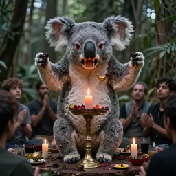 some believers are holding a mysterious ceremony to summon a koala demon from hell, highly detailed, photorealistic