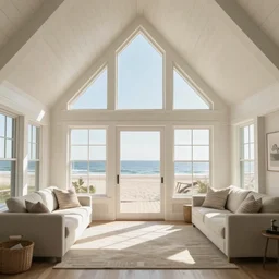 cape cod beach house interior, bright, neutral colors, large windows, vaulted ceiling
