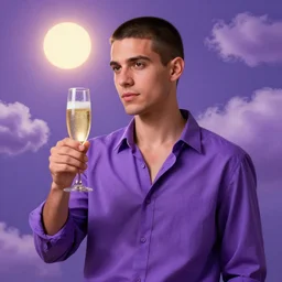 portrait of a ( ( ( a glass of champagne ) ) ), ( ( bellaco guapo joven cubano pelo buzzed camisa morada ) ), nubes y magia, el sol, concept character, by greg rutowski and mucha and bierstadt and remington, trending on artstation