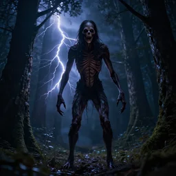 super skinny scary creature coming out of the woods at night. intense lightning, scary details, super intense quality, high quality, HDR, 4K, 8K, 12K, octane render, cinema4d render, unreal engine 5 render, extremely high detail, photorealistic, hyperrealistic, cinematic lightning, cinematic, post processed, artstation