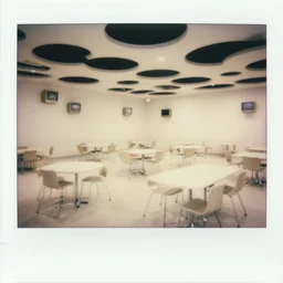 polaroid photograph of a large white empty breakroom, retrofuturist liminal space, hundreds of chairs and tables, crt tv mounted, massive black pits in ceiling trypophobia architecture, familiar place, clean, black mold, warm light, amateur, soft vintage glow, unreal engine, photorealistic, trending on artstation