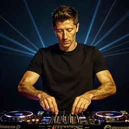 robert lewandowski as a dj play in toilet board, photorealiscic face, golden skin, dark backgroud, lasers