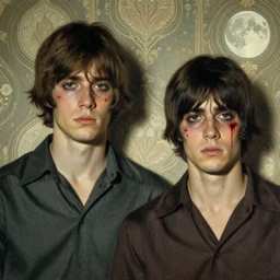 two handsome but sinister young men in layers of fear, with haunted eyes, 1 9 7 0 s, seventies, wallpaper, a little blood, moonlight showing injuries, delicate embellishments, painterly, offset printing technique, by john howe, brom, robert henri, walter popp