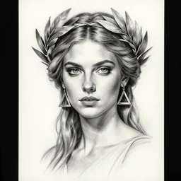 realism tattoo sketch of rosie huntington - whiteley as a beautiful greek goddess aphrodite with piercing eyes wearing a laurel wreath and triangle earrings, in the style of greg rutkowski, amazing detail