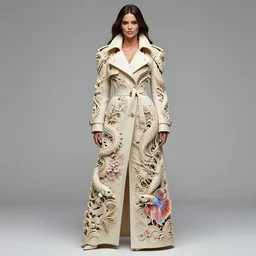 full - body beautiful adriana lima wearing a draconic carved ivory trench coat, intricate, abstract, biomechanics, beautiful intricate detailed carved ivory sakura and japanese design, betta fish, plasma luminescence, by artgerm, ismail inceoglu, liam brazier