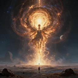 enormous portal into godhood created by primordial demiurge flickers omniously on a barren hellish exoplanet, philosophical concept illustrated by James Gurney and Zdzislaw Beksinski and Dariusz Zawadski, dramatic lighting, ultra HD, HDR, 8k