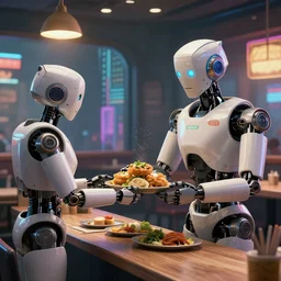 two robot ordering food in a restaurant, cyberpunk city, 4k, detailed, digital art