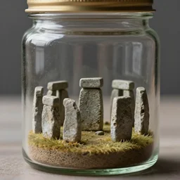 a tiny realistic proportioned stonehenge contained inside a glass jar. sharp focus, photography, unreal engine, trending on artstation, photorealistic, octane, trending on deviantart, unreal engine