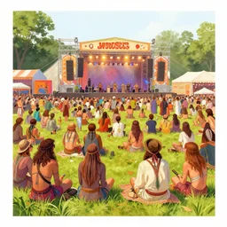moshpit full of hippies at woodstock, vivid colors, by ross tran