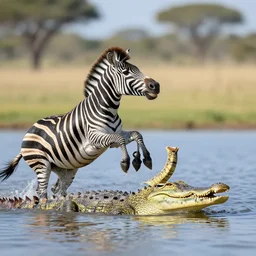 zebra playing with a crocodile in a lake, award winning photo