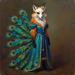 a painted portrait of a fox furry character, long fluffy fur, painted fox skull mask, peacock mage clothes with 9 feathered tails trailing behind like the train of a dress, painting by jeff easley, stylized, vhs, 8 0 s, dnd beyond, chromatic aberration, fae,