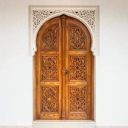 high quality photography of a decorated wooden door, islamic patterns, detailed, clean, clear