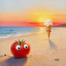 a very detailed realistic painting of a lazy red burned tomato with 1 0 googly eyes on a sunny beach eating ice cream in a cone walking away, a sunset by james jean