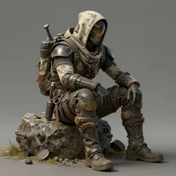 concept art of a post apocalyptic explorer nomad sitting, hyperrealistic, photorealistic, style by wlop, cgsociety, hyper detailed, 8 k