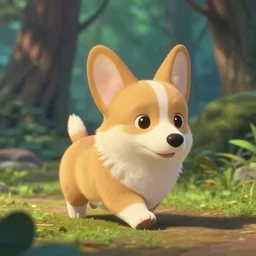 corgi dog as nendoroid walking in a forest in the croods movie style anime disney pixar 8 k hd dof kodak film volumetric lighting
