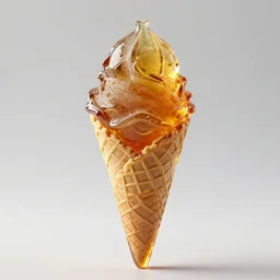 an ice cream cone made out of high clarity amber ice, elegant and ornate,