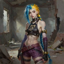 oil painting of jinx from league of legends with golden blonde hair, standing in abandoned building, in style of charlie bowater,