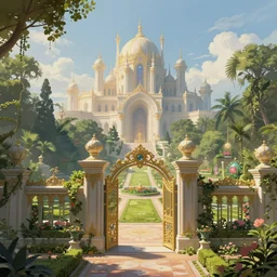 Beautiful eden garden, next to a gate of haven and a mystical palace, intricate, elegant, volumetric lighting, digital painting, highly detailed, artstation, sharp focus, illustration, concept art, ruan jia, steve mccurry