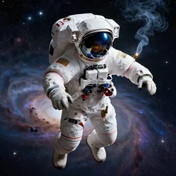 an ultradetailed matte painting of an enlightened astronaut, drifting through a nebula, smoking a joint!!!!! star in the background, intricate detail, cinematic, 8 k, cel shaded, volumetric lighting, octane render, art by artgerm and alphonse mucha, pixv