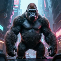 a giant gorilla in a cyberpunk Japanese city, photo realistic, well detailed, cinematic, 8k