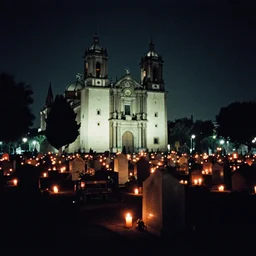 film photography film photography of a cemetery, Panteón de Dolores, Mexico City, at night, lit with candles, Leica M6, cinestill 800, Noctilux 50mm