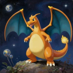 charizard observes the the space - time continuum on a heroic dose of psilocybin, classical painting