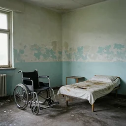 abandoned psychiatric ward with paint peeling of the walls, dirty floor, broken wheelchair, stained bed, photography