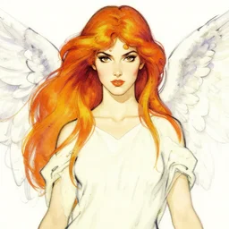 portrait of angelic female guardian, vibrant hair, strong line, vibrant color, beautiful! coherent! by frank frazetta, high contrast, minimalism