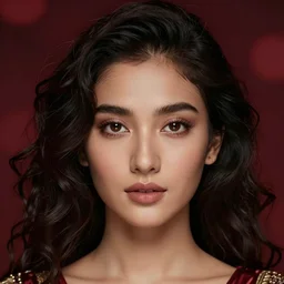 a beautiful portrait, dark red bokeh background, gorgeous fantasy south asian woman, professionally retouched, soft lighting, realistic, smooth face, gorgeous brown eyes, curly hair, wide angle, sharp focus on the eyes, 8 k high definition, insanely detailed, intricate, elegant, gorgeous, art by artgerm and wlop
