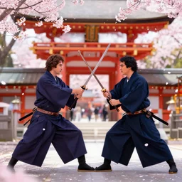 matteo salvini and enrico letta katana duel in a shinto shrine while sakura petals are falling