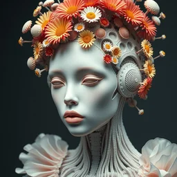 beautiful porcelain ivory fair face woman biomechanical cyborg, close - up, sharp focus, studio light, iris van herpen haute couture headdress made of rhizomorphs, daisies, brackets, colorful corals, fractal mushrooms, puffballs, octane render, ultra sharp, 8 k