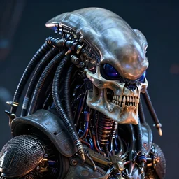 futuristic cyberpunbk alien portrait, alien vs predator, ancient egypt, mechanical internals, exposed wire sparks, hyper realistic shiny textures, 8 k, skull, cyberpunk, intricate details, fluorescent glow, science fiction space horror, unreal engine, dark, heavy shading, depth of field