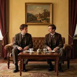 mathieu amalric, symmetric, realistic, realism, early 2 0 th century gentlemen, sitting at coffee table, warm colours, brown colours, yellow colours, atmospheric, epic scene, beautiful room