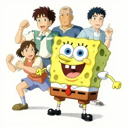spongebob squarepants drawn by makoto shinkai takashi takeuchi and studio ghibli, action shot from an anime, detailed drawing, intricate drawing