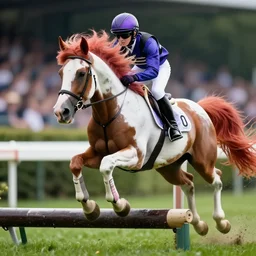 action shot from a distance of 2 0 m of a hybrid my little pony ( appaloosa horse ), professional, high quality, multi colored mane, at a steeplechase horserace, 4 k, dof, bokeh, action, dramatic lighting, photorealistic, detailed, hq, photorealism