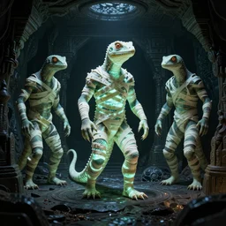 reptile mummy monsters in a glowing ancient tomb. pulp science fiction. dark background