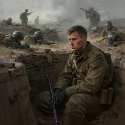 beautiful digital painting of a lone survivor, one soldier after his squad killed in action in a trench waiting for the war to end. cinematic lighting and rendering, atmospheric, concept art, high detailed faces, artstation, underpainting by artgerm and greg rutkowski, overpainted by eddie mendoza, post process by ross tran