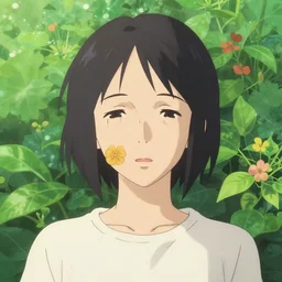 a person in some plants with flowers for a face by satoshi kon, 7 0's vintage sci - fi flat surreal design
