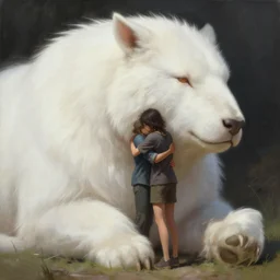 a person hugging a large white animal, a detailed painting by krenz cushart, pixiv contest winner, fantasy art, official art, detailed painting, pixiv. highly detailed. 4 k masterpiece. photo realistic. realism. photorealism wideshot