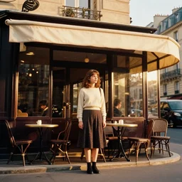 A film still of Amelie standing outside a Parisian cafe, golden hour, establishing shot, anamorphic, cinestill cinematography