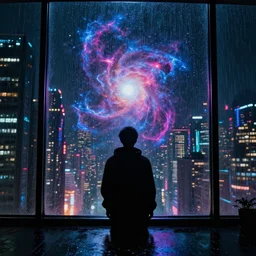 one cyber godly person made of cosmic nebula galaxy energy watching a rainy colorful complex cyberpunk futuristic city from behind at night through a window in a room, reflections, high contrast, 8 k, photorealistic, concept art, wet, highly detailed, cinematic mood by ridley scott, ghost in the shell, trending on artstation, glowing lights, sharp focus, epic