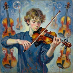 portrait of a young violinist focusing, violin flying, painted by vincent lefevre and hernan bas and pat steir and hilma af klint, psychological, symmetrical face, dripping paint, washy brush, background with hundreds of bubbles of violins by andreas gursky, rendered in octane, altermodern, masterpiece