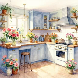 a hiper intricate watercolor of a beatiful kitchen with flowers, extremely detailed, sharp focus, wide view, smooth, digital illustration, colorfull, by william turner art, by greg rutowski